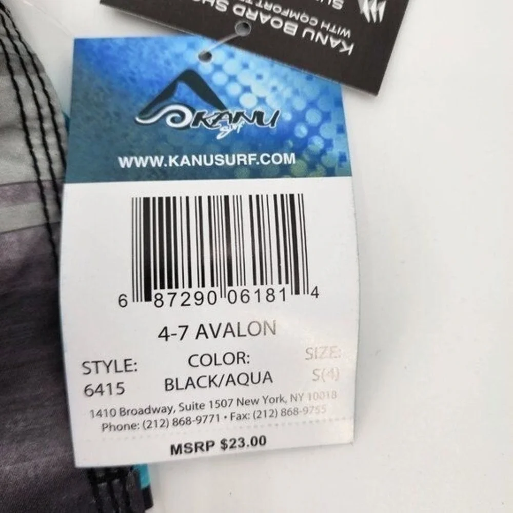 Kanu Surf Boys Avalon Striped Board Shorts Swim Black Aqua Blue Size Small 4 NWT